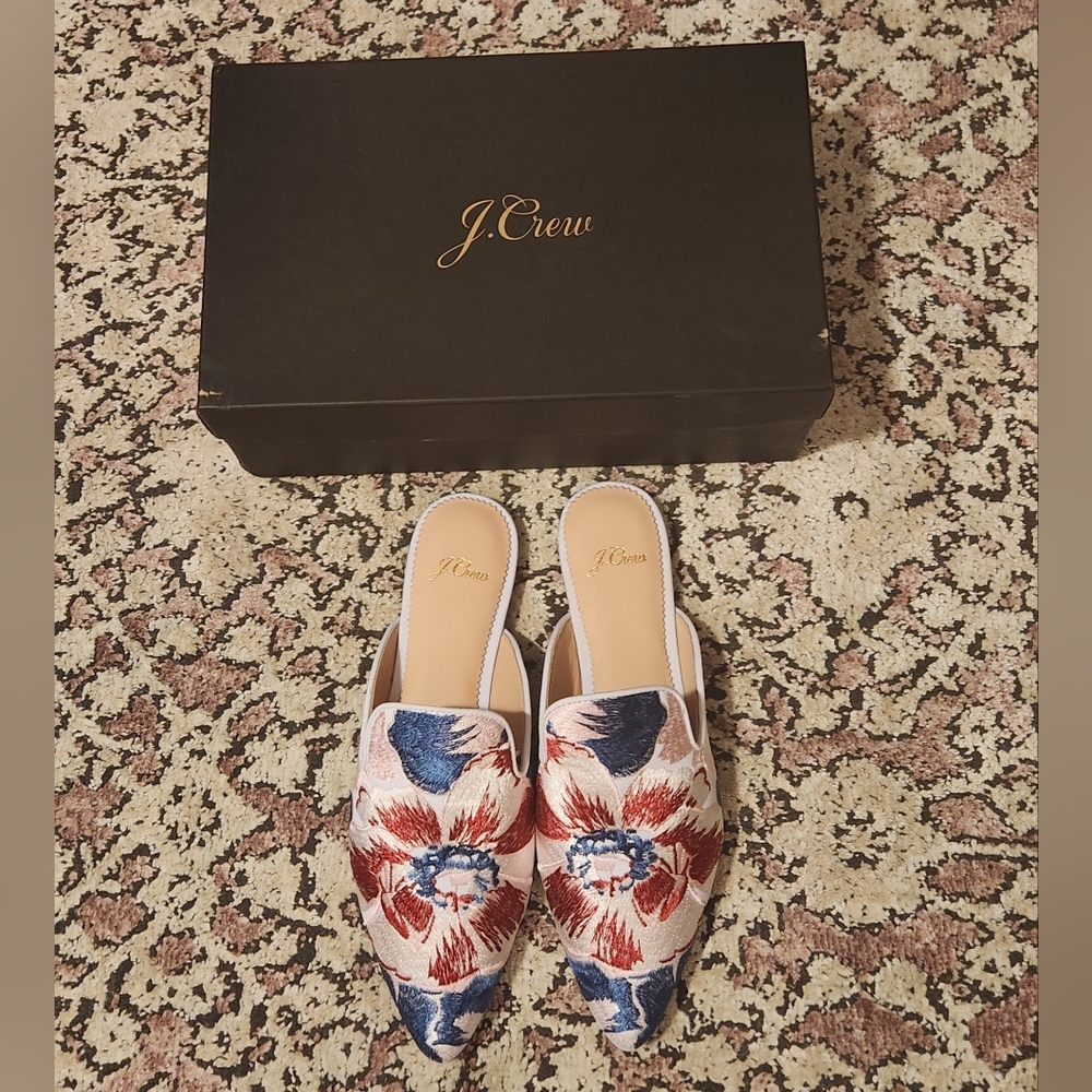 J. Crew Women's Floral Embroidered Slip-On Mules — White, Blue & Red